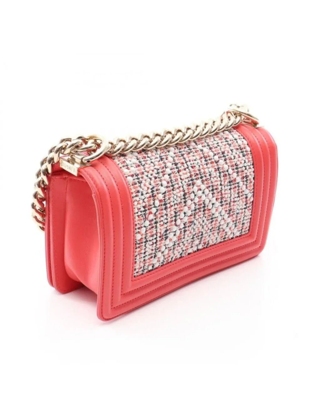 Chanel Shoulder Bag Boy Small Coral Pink White Fabric Leather Boy Stitch Pearl